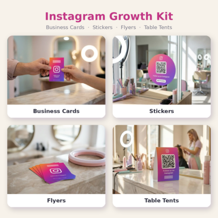 Instagram Growth Kit – branded QR business cards, stickers, flyers and table tents