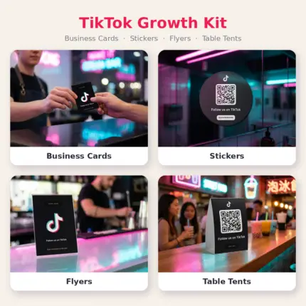 TikTok Growth Kit – branded QR business cards, stickers, flyers and table tents