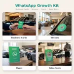 WhatsApp Growth Kit – branded QR business cards, stickers, flyers and table tents