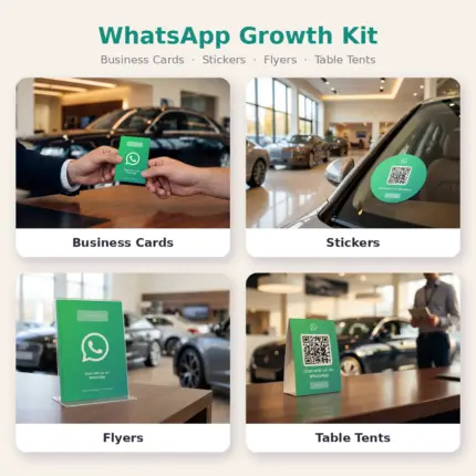 WhatsApp Growth Kit – branded QR business cards, stickers, flyers and table tents